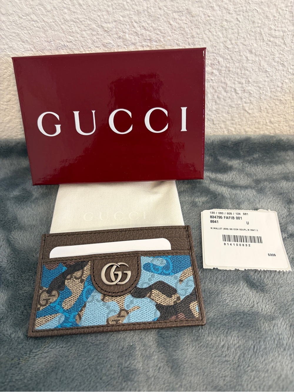 Brand New Gucci GG Supreme Monogram Camouflage Card Case  Blue/Light